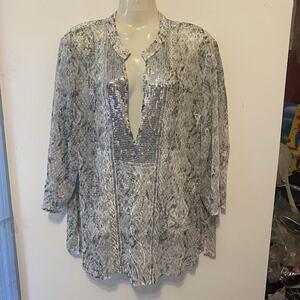 Chico’s Women 2/L Tunic Top Chiffon Embroidery Sequins Boho Beach Resort